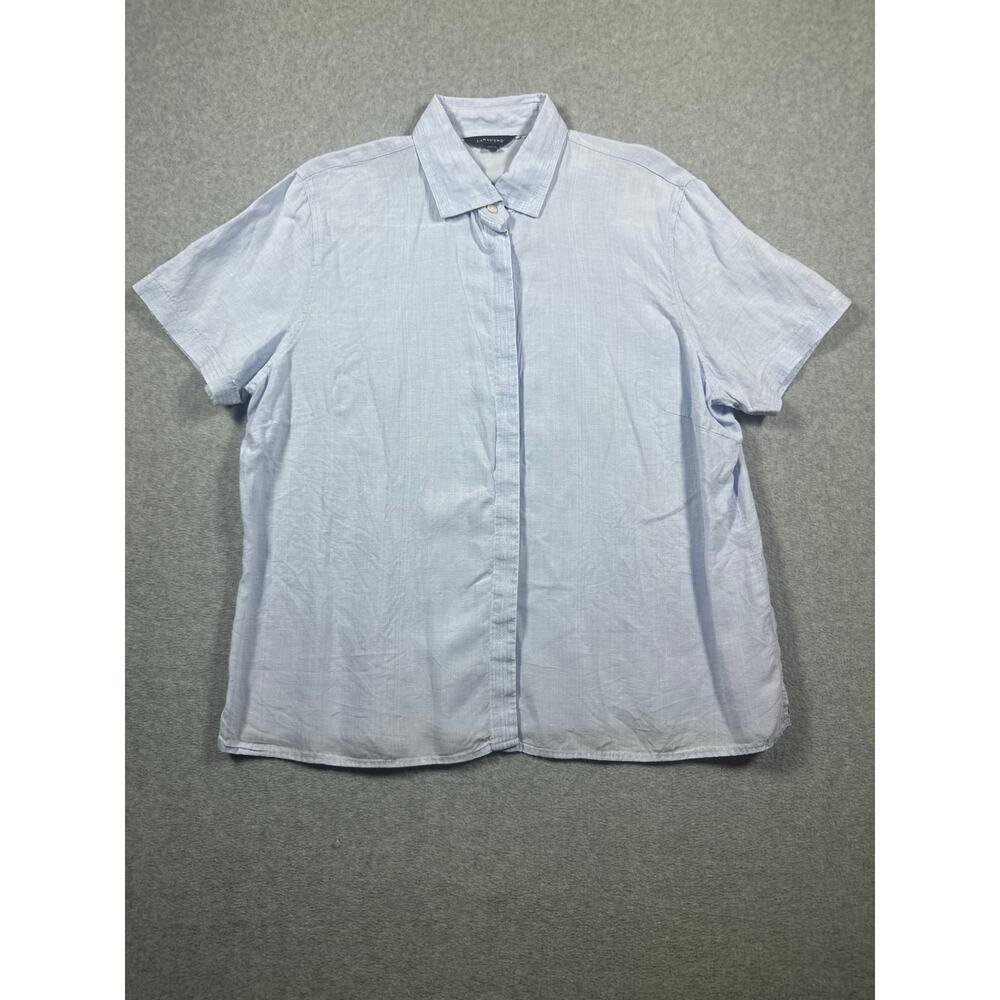 Lands' End Button Down Blouse Top Women's XL Blue Linen Short Sleeves Pleated